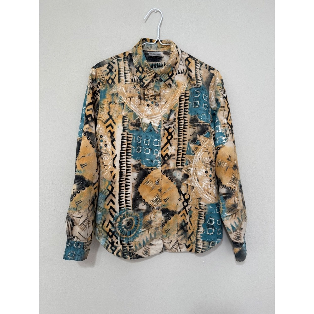 Chico's Button‎ Down Shirt Women Size 1/Medium Gold Teal Southwestern Abstract